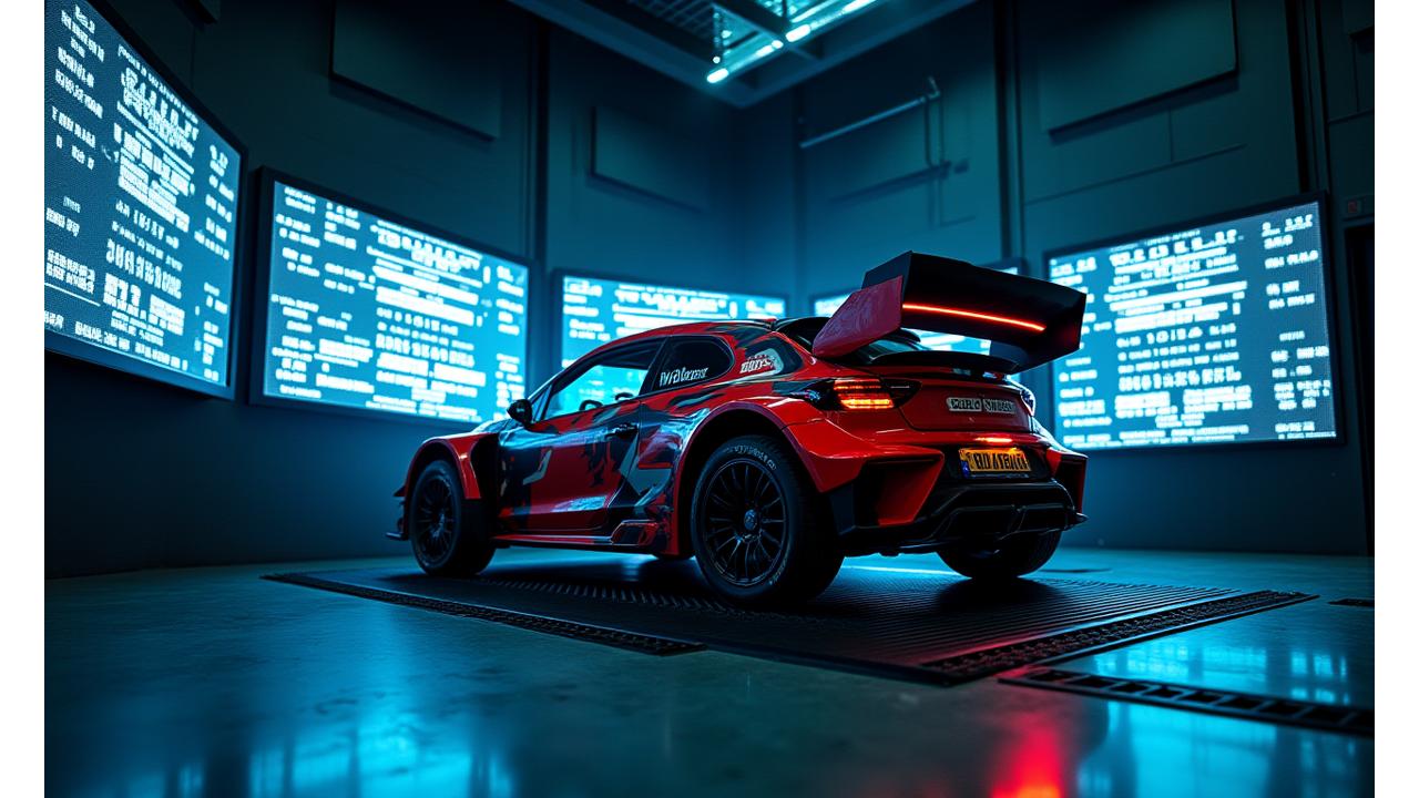 A rally car undergoing testing on a 4WD dynamometer, with digital readouts visible.